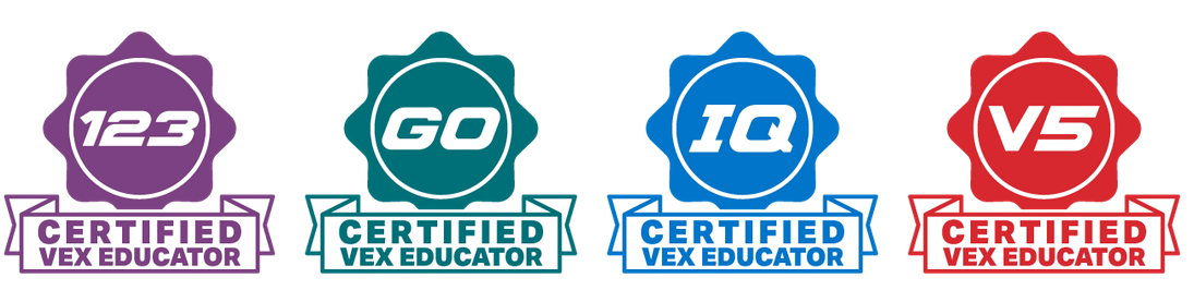 Certified VEX Educator značke za platforme 123, GO, IQ in V5